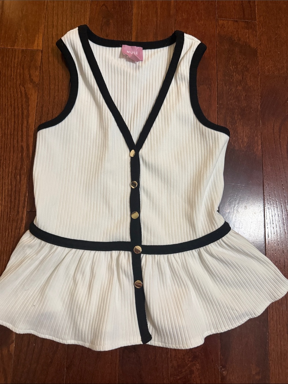 Muse Cream Peplum Dress with Black Trim and Gold Buttons